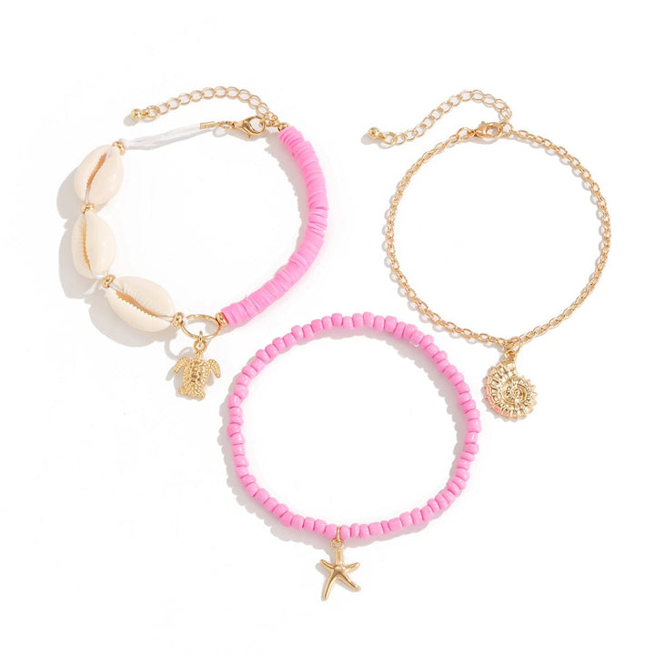 Boho Pink 3Pcs Conch Stjerneskal Skildpadde Charms Perle Ankel Sæt
