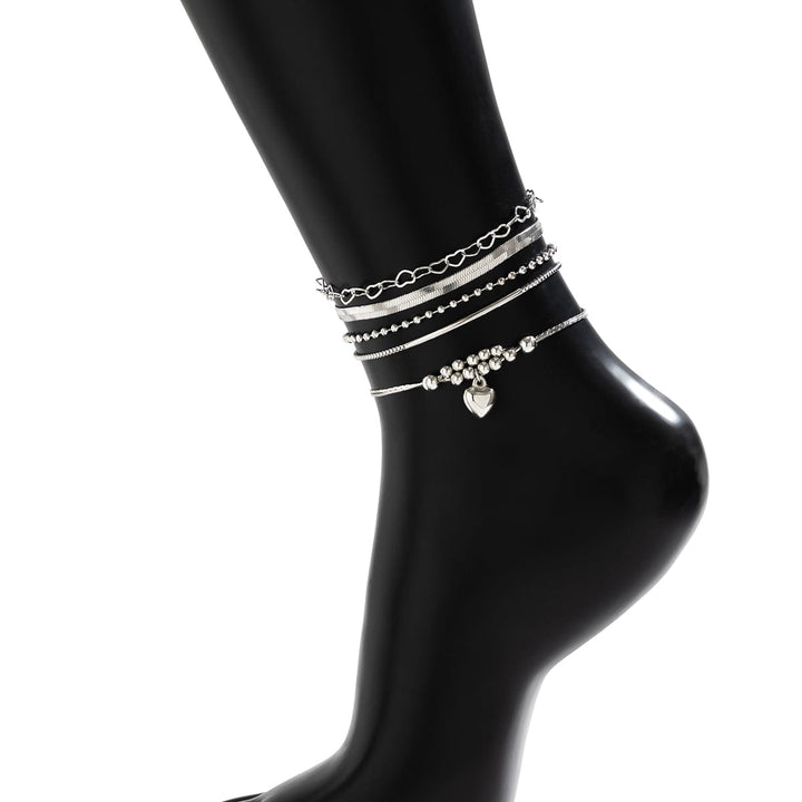 Boho Sølvbelagt Hjerte Vedhæng Slangesnor Stabelbar Anklet Sæt