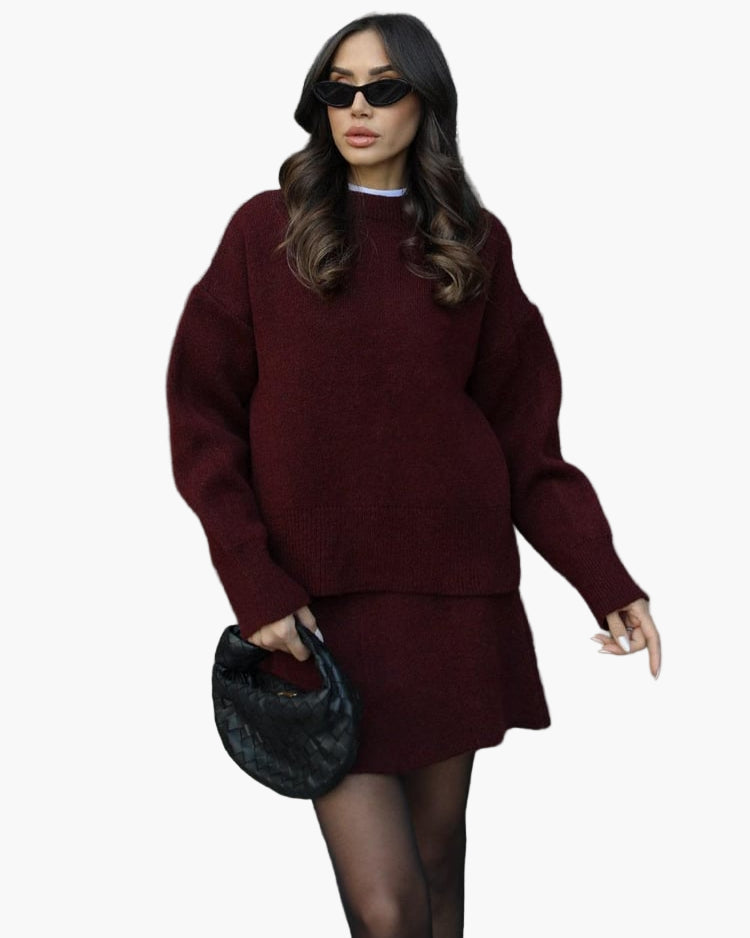 Stilla | Strik Sæt med Sweater og Miniskørt - Fashionabel Efterårs-Vinter Look, Afslappet & Elegant