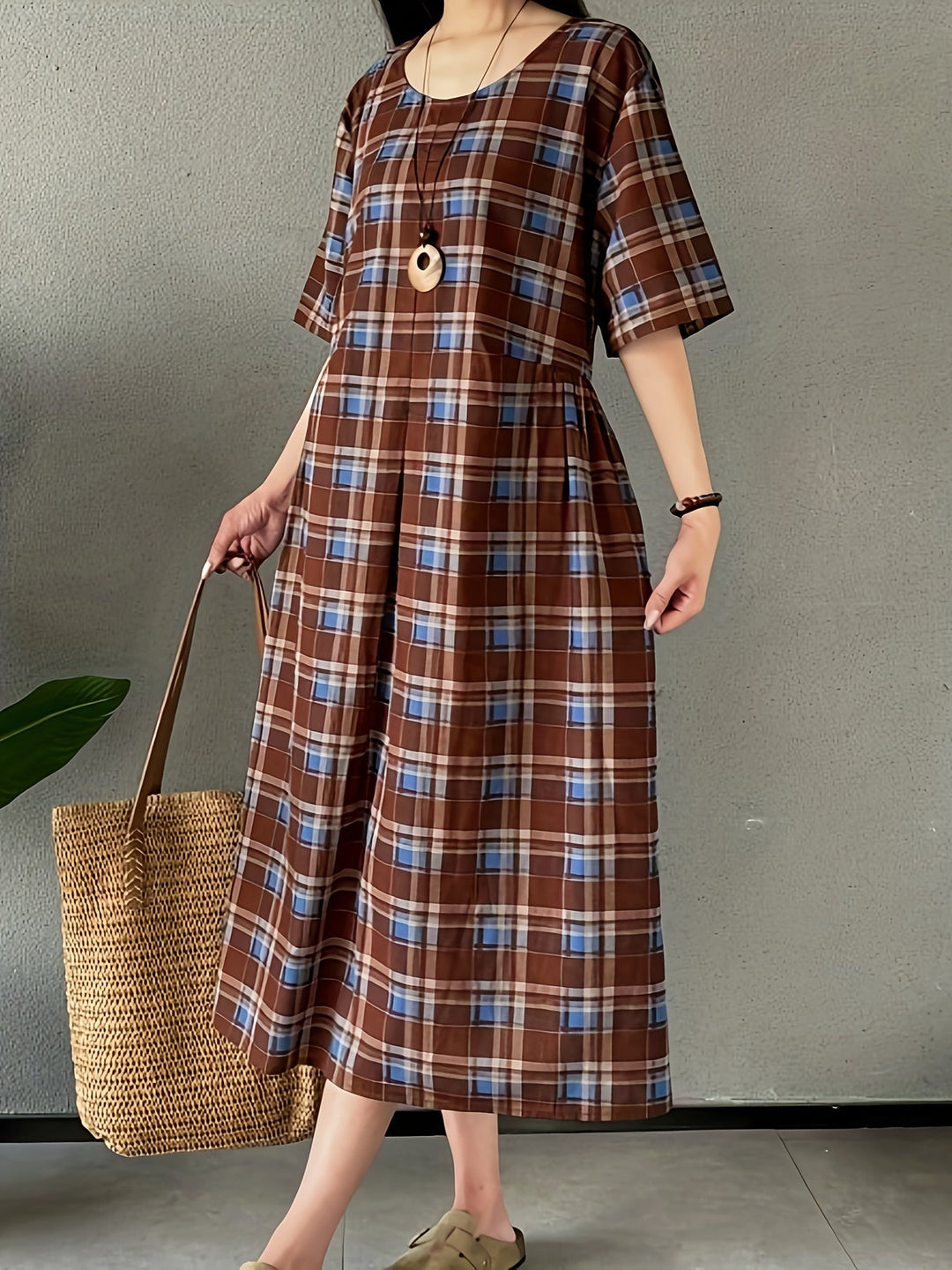 Stilla | Linned Kjole Med Tern Boho Stil Plus Size, Med Rund Hals Og Lommer