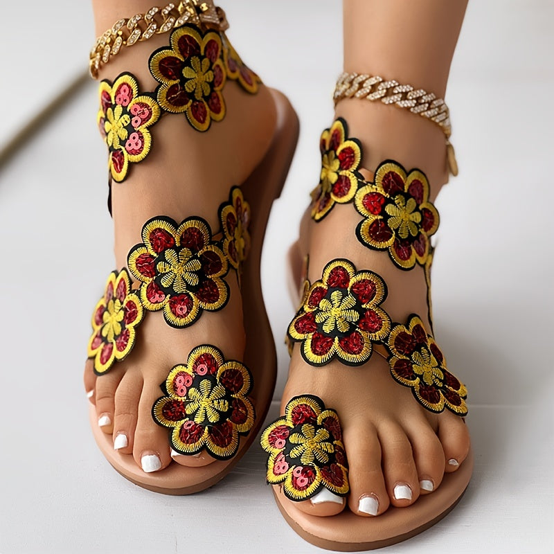 Stilla | Dame Blomster Sandaler På Platform, Slip on Med Perler Og Strap På Tå