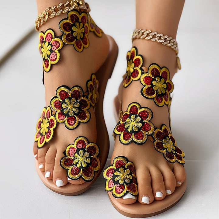 Stilla | Dame Blomster Sandaler På Platform, Slip on Med Perler Og Strap På Tå