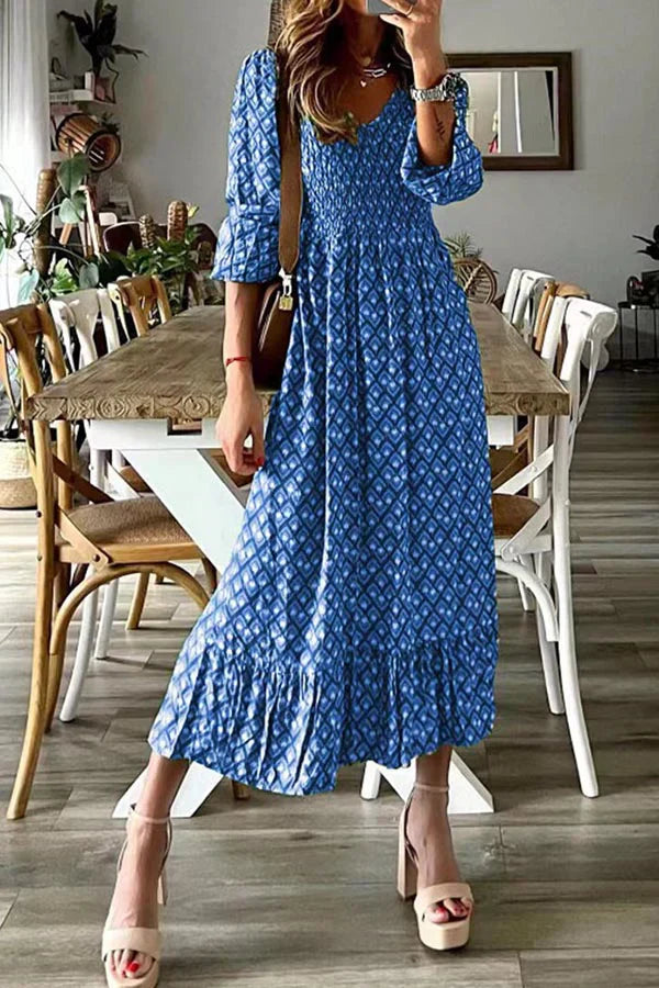 Stilla | V-udskæring Lange Nederdel Blomster Mønster Store Swing Kjole