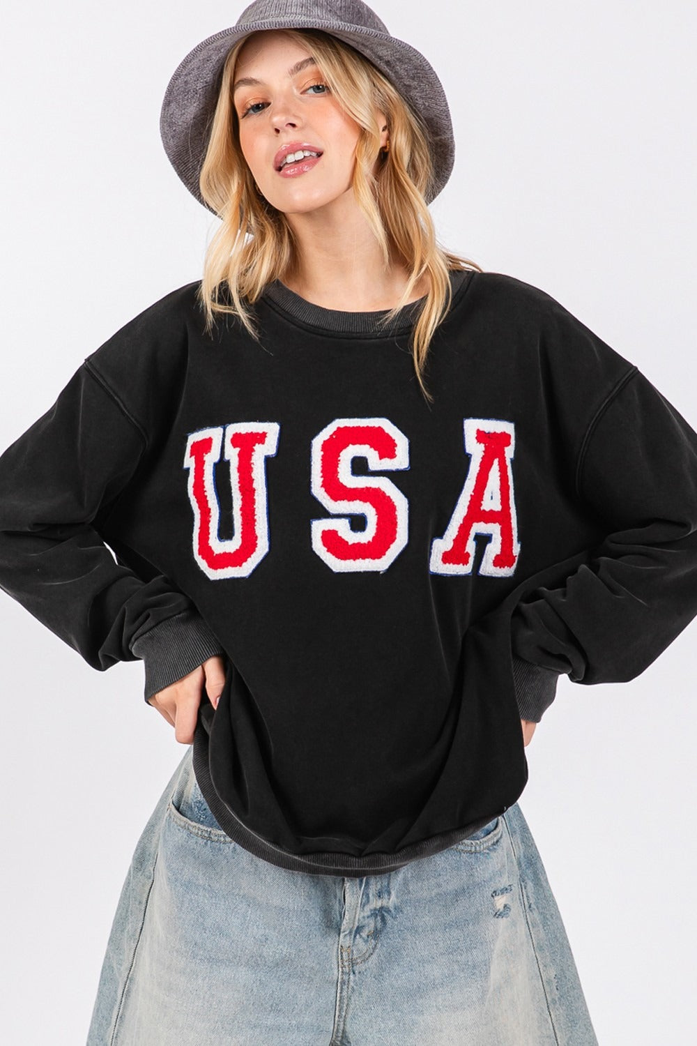 Stilla | Sweatjakke Med Rund Hals Udsnit Sage Med Bogstav Patch Usa