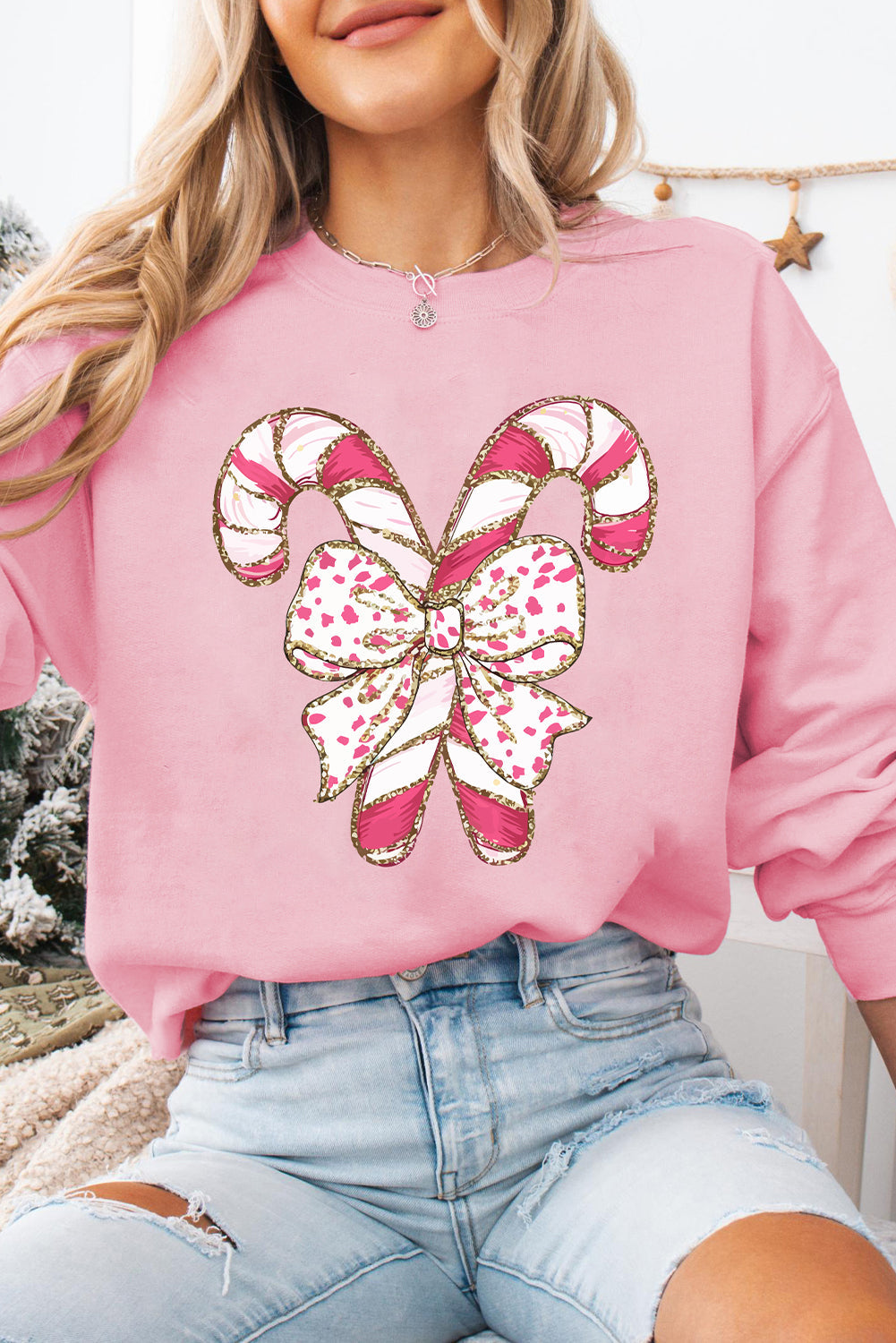 Stilla | Sweatshirt med nedfaldende skuldre og julegrafik samt roser sløjfe