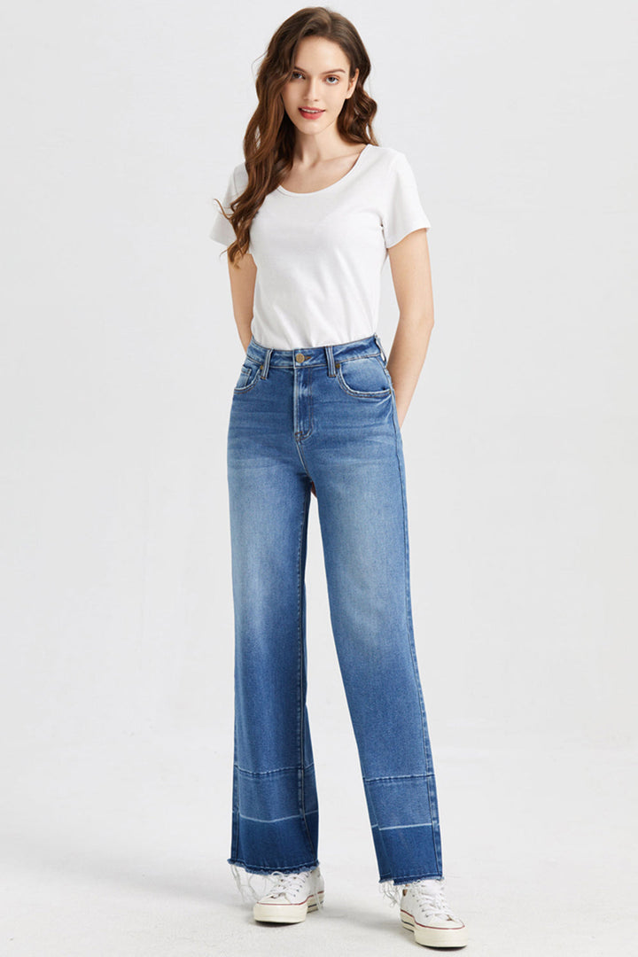 Stilla | Full Size Høj Talje Kattev Whisker Bred Skinds Jeans