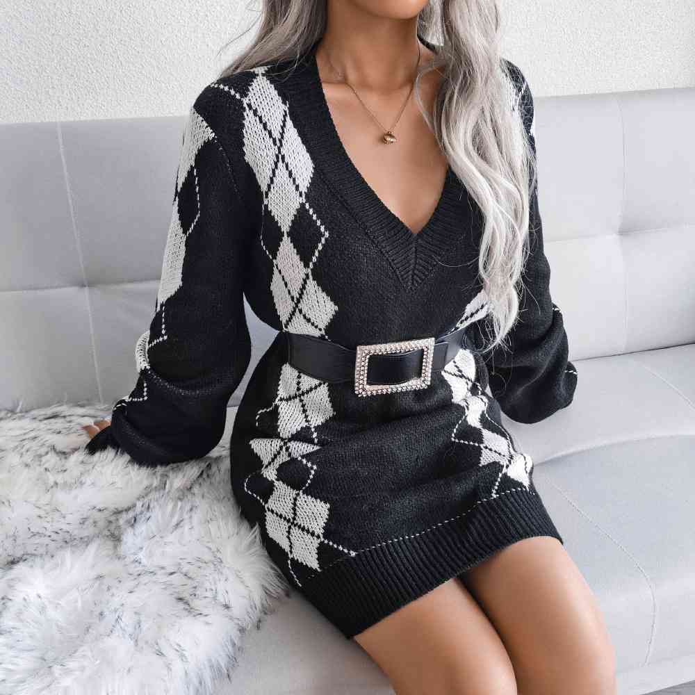 Stilla | Højre Argyle V-hals Ribbet Kant Sweater Kjole