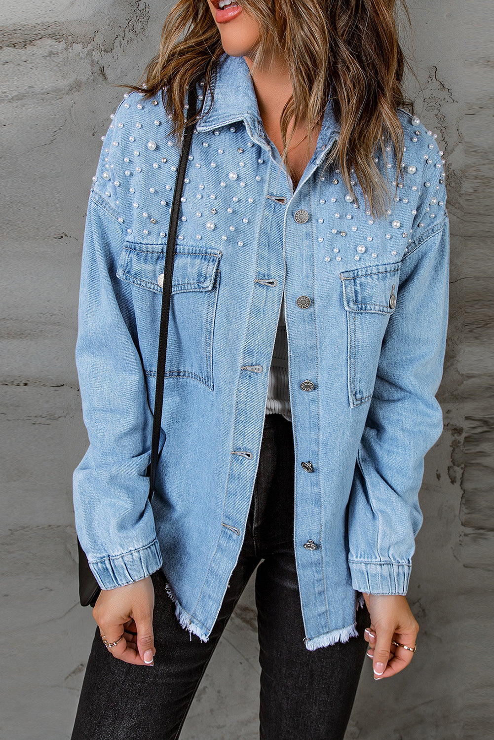 Stilla | Detalje Knap Op Raw Hem Denim Jakke