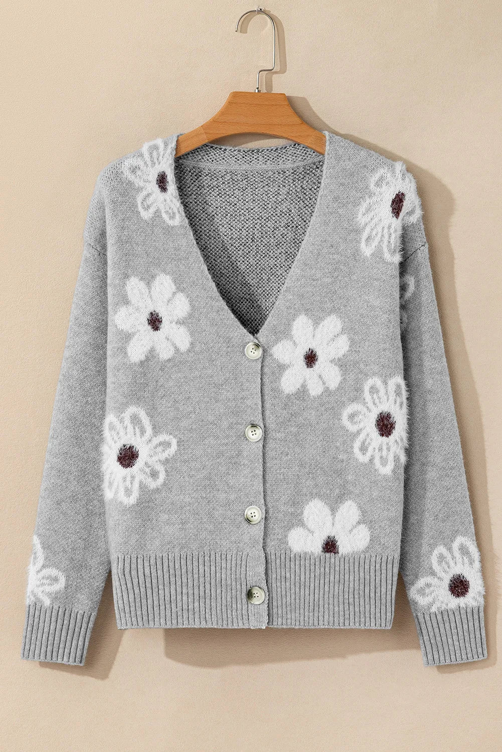 Stilla | Blomster Strikjakke Med Lange Ærmer og Knapper