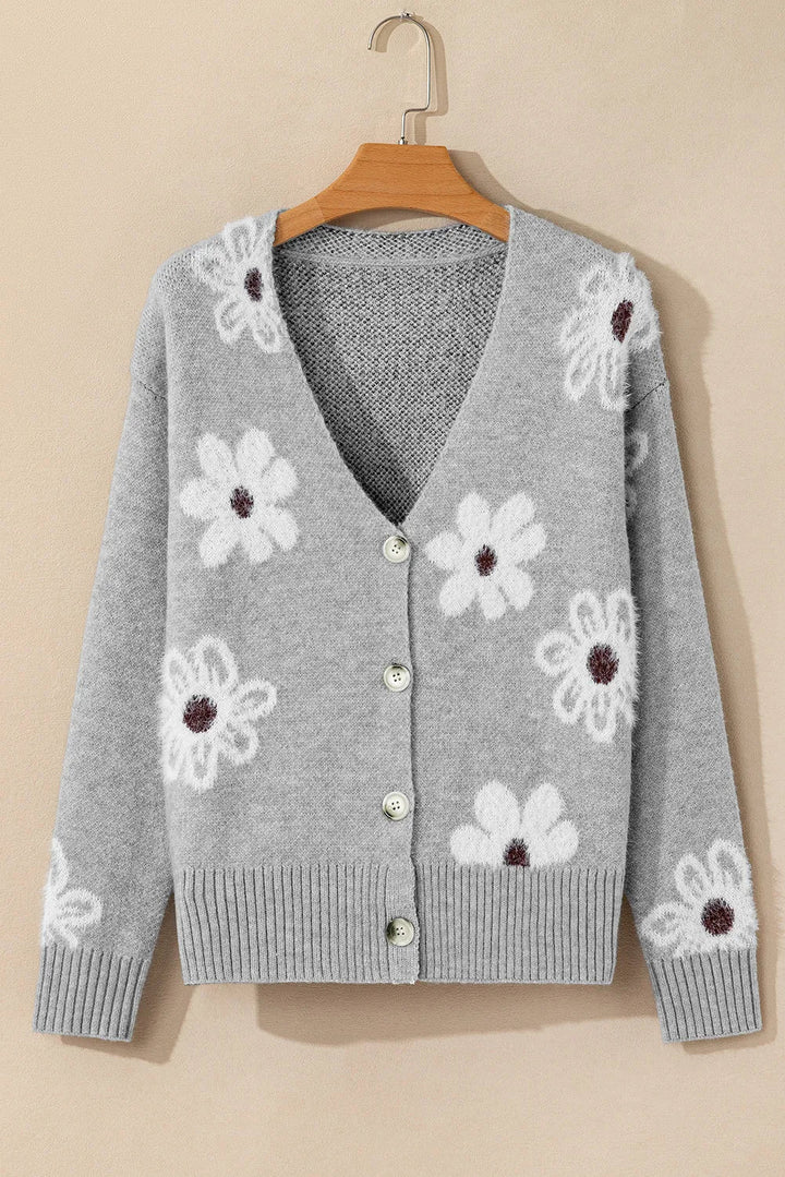 Stilla | Blomster Strikjakke Med Lange Ærmer og Knapper