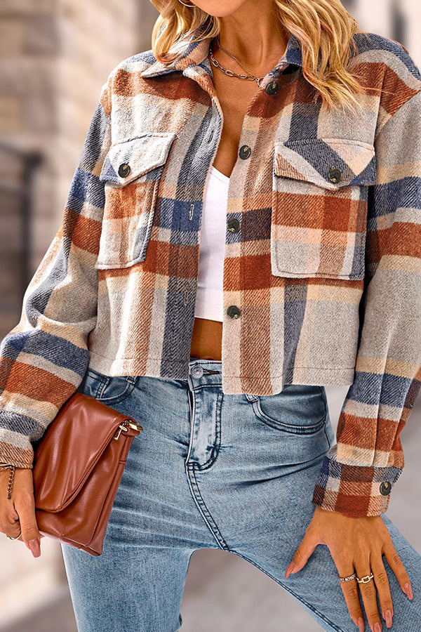 Stilla | Pocket Fashion Casual Cropped Damen Tjekket Jakke
