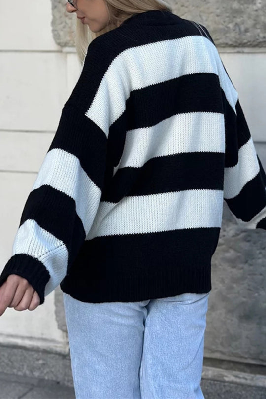 Stilla | Stribet Casual Cardigan Med Lange Ærmer, Lommer Og V-udskæring