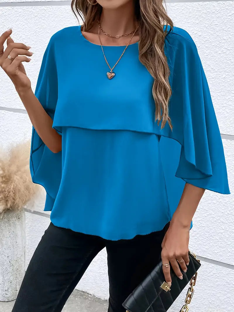Stilla | Elegant Asymmetrisk Dametop Med Rund Halsudskæring, Ærmer Kappe Stil, Til Fritids Og Kontorbrug