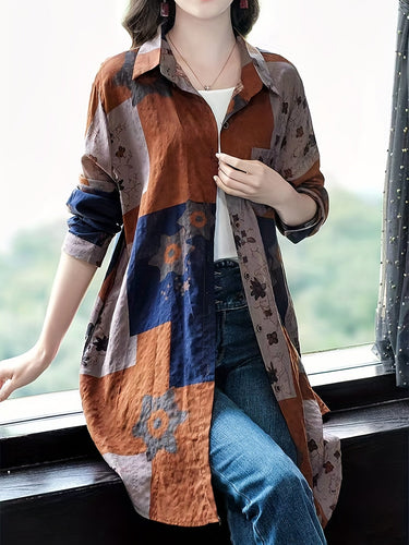 Stilla | Linned Bluse Oversize, Geometrisk Tryk, Lange Ærmer, Blanding Af Silke