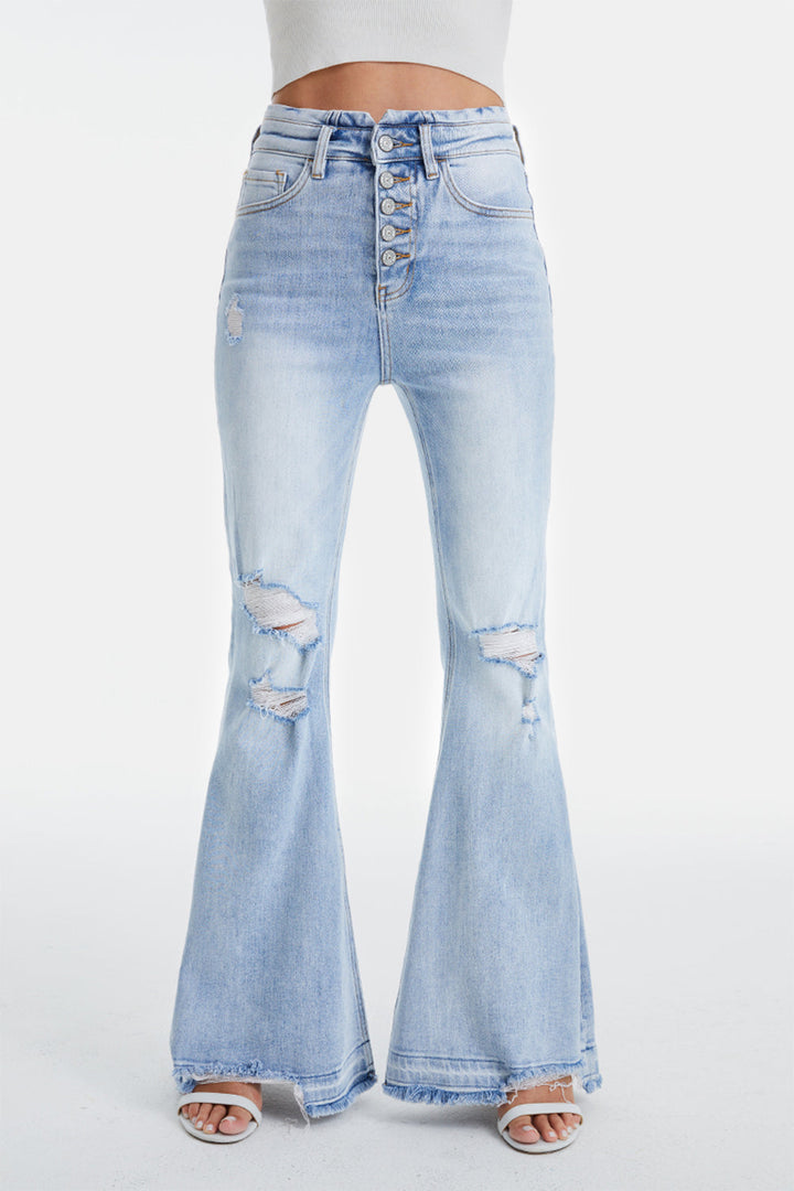 Stilla | Fuldt Størrelse Distressed Raw Hem Høj Talje Flare Jeans