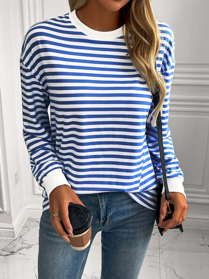 Stilla | Stribet Rundhalset Sweatjacke Med Lange Ærmer