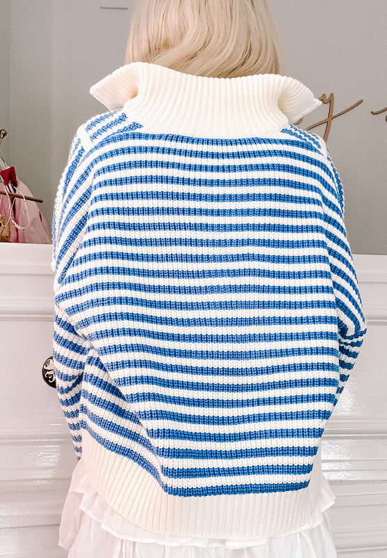 Stilla | Stribet Pullover Med Lange Ærmer og Halv Lynlås og Ståkrave