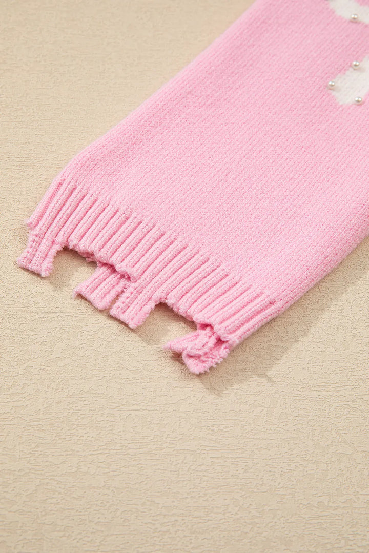 Stilla | Rundhalset Pullover Med Lange Ærmer og Perler samt Sløjfedetalje
