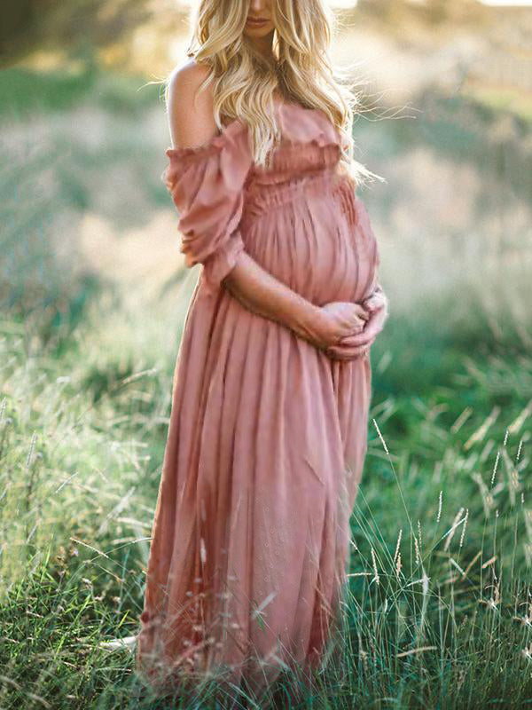 Stilla | Maxi Kjole Volanger Åbne Skuldre Bådformet Udhulning Chic Mode Kjole Til Graviditetsfotografi