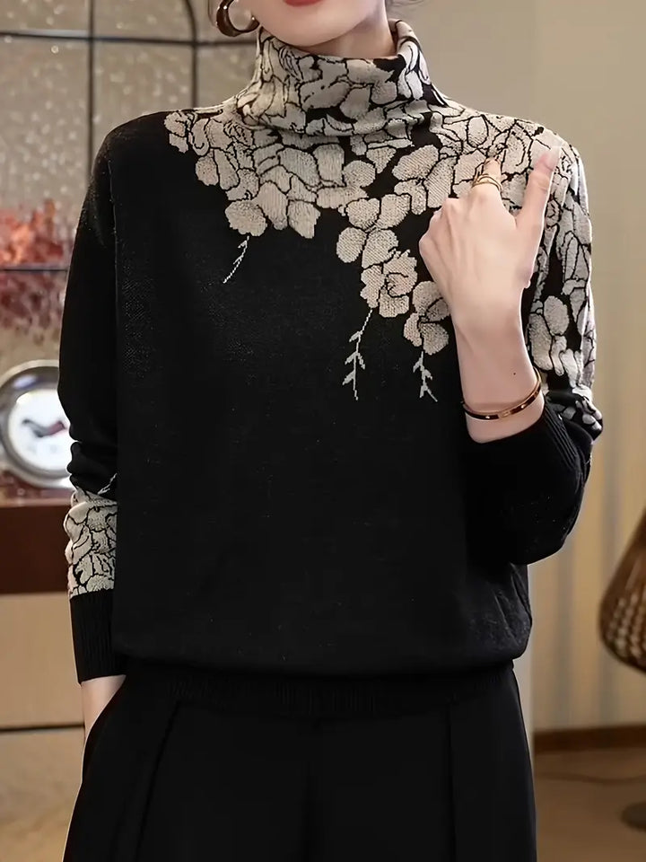 Stilla | Elegant strikpullover med rullekrave og blomstertryk