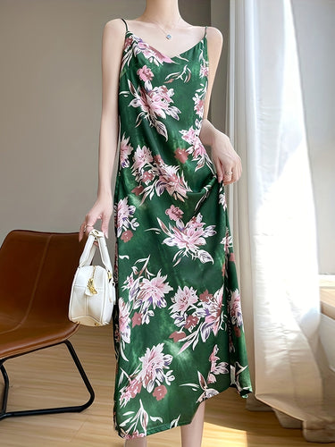 Stilla | Blomstret Satin Midi Kjole Med Stropper V-Hals, Uden Ærmer, A-Linje, Åndbar