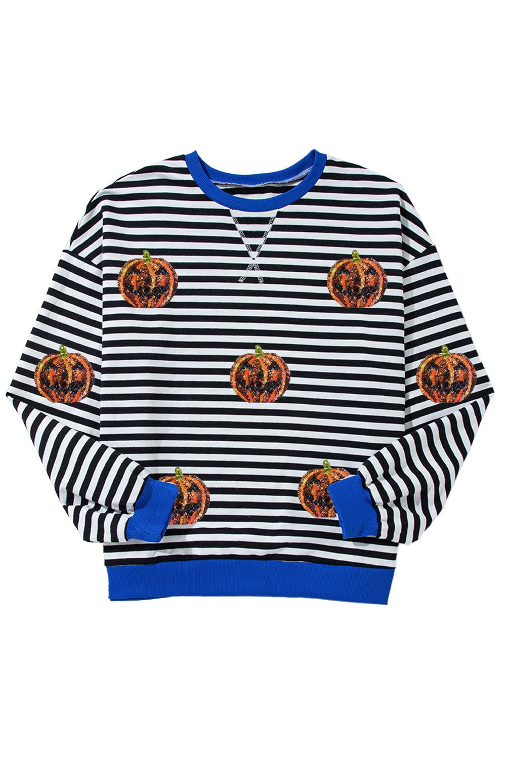Stilla | Langærmet Sweatshirt med Rund, Stribet Græskar Uddybning
