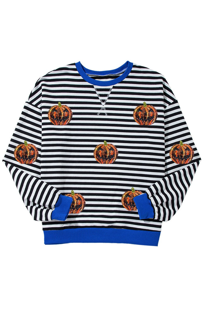 Stilla | Langærmet Sweatshirt med Rund, Stribet Græskar Uddybning