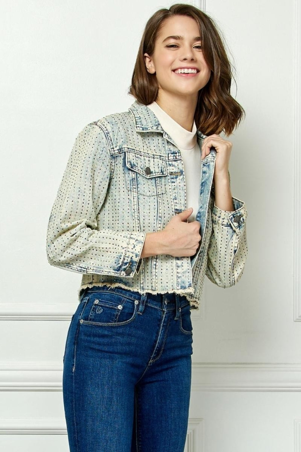 Stilla | Multi Color Stripe Rhinestone Raw Hem Denim Jacket