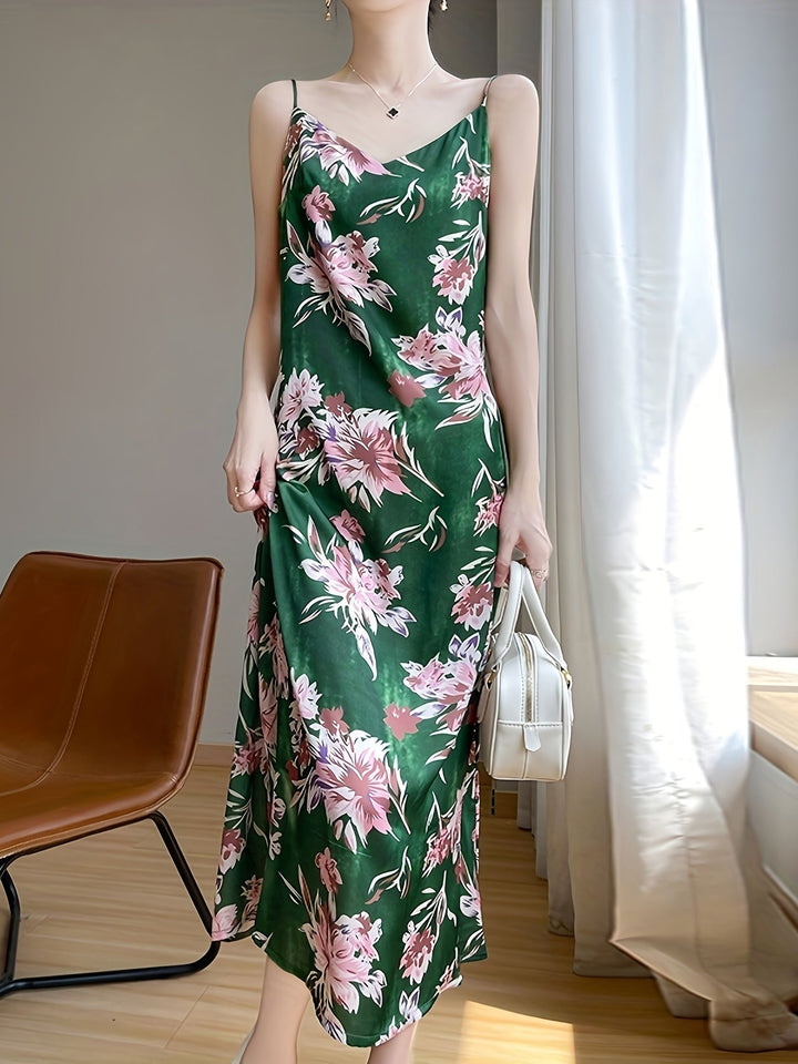 Stilla | Blomstret Satin Midi Kjole Med Stropper V-Hals, Uden Ærmer, A-Linje, Åndbar