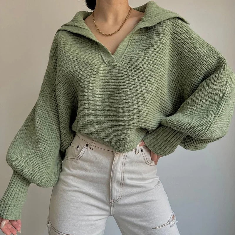 Stilla | Cozy Strikket Sweater med Lanterneærmer og Åben Krave