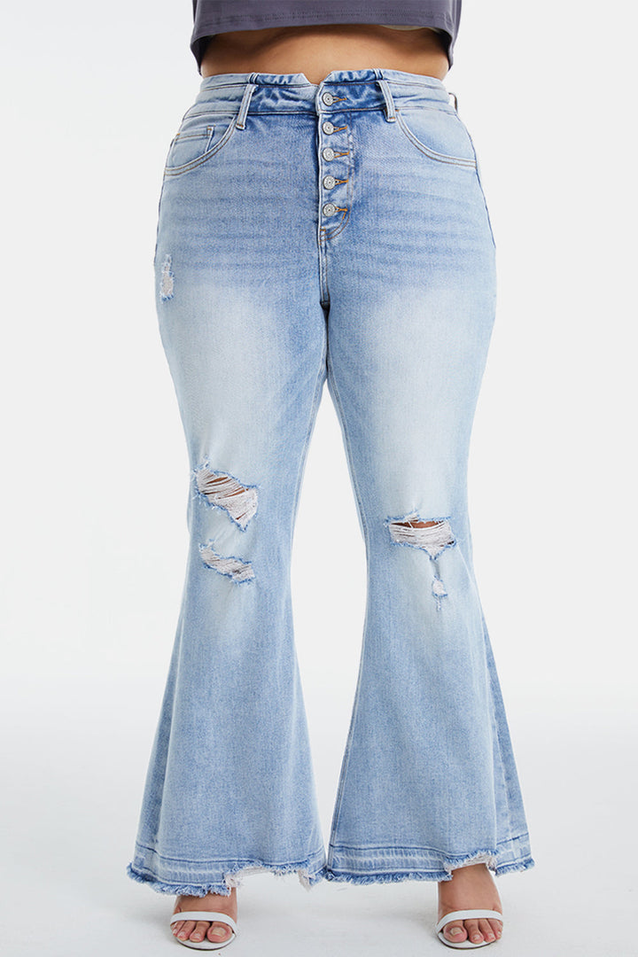 Stilla | Fuldt Størrelse Distressed Raw Hem Høj Talje Flare Jeans