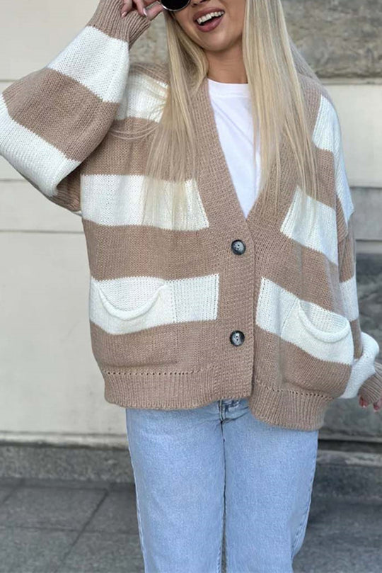 Stilla | Stribet Casual Cardigan Med Lange Ærmer, Lommer Og V-udskæring