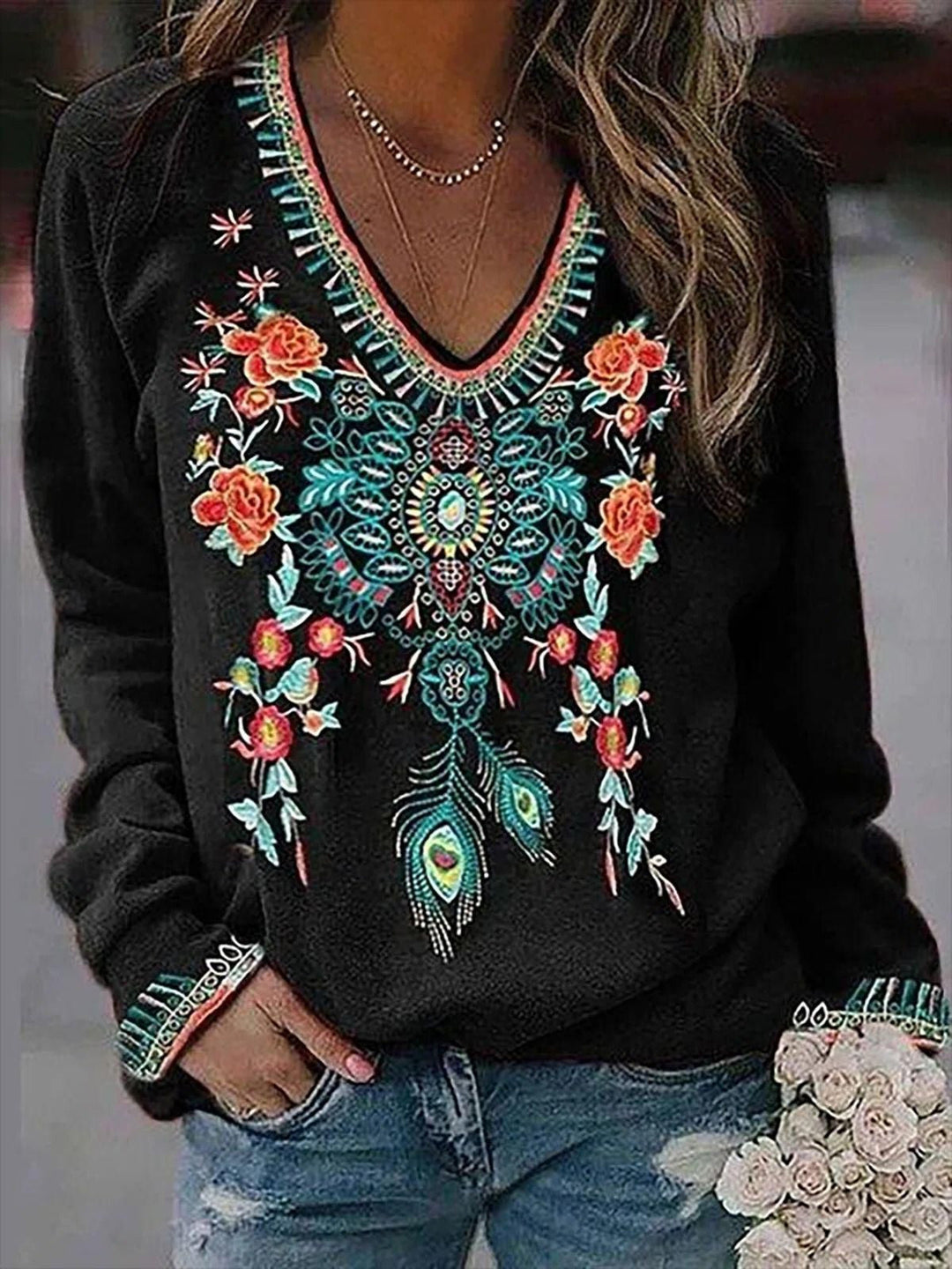 Stilla | Dame T-shirt Blomster Print V-hals Lange Ærme T-shirt