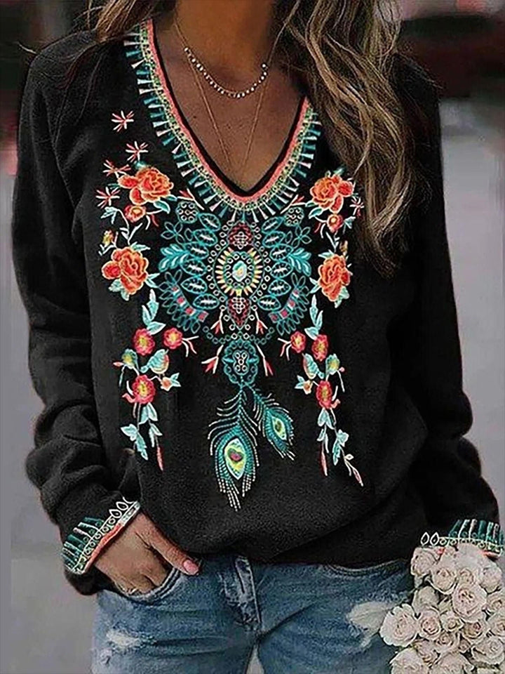 Stilla | Dame T-shirt Blomster Print V-hals Lange Ærme T-shirt