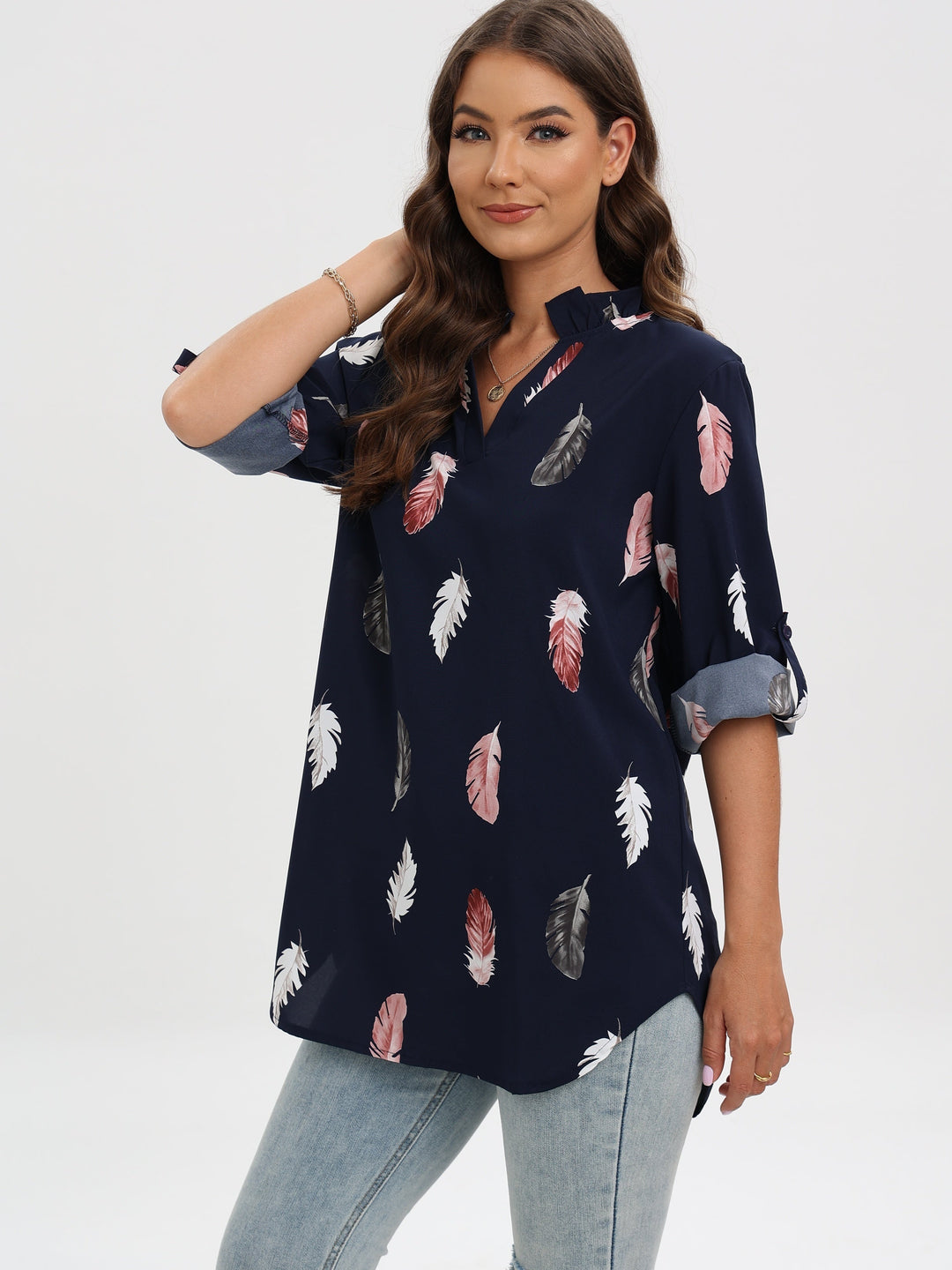 Stilla | Bluse V Udsnit Tryk Fjer