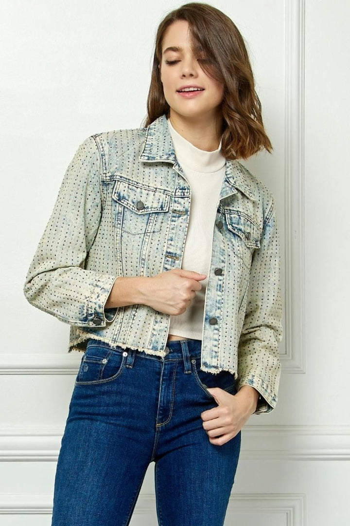 Stilla | Multi Color Stripe Rhinestone Raw Hem Denim Jacket