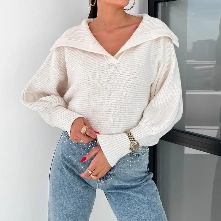 Stilla | Cozy Strikket Sweater med Lanterneærmer og Åben Krave