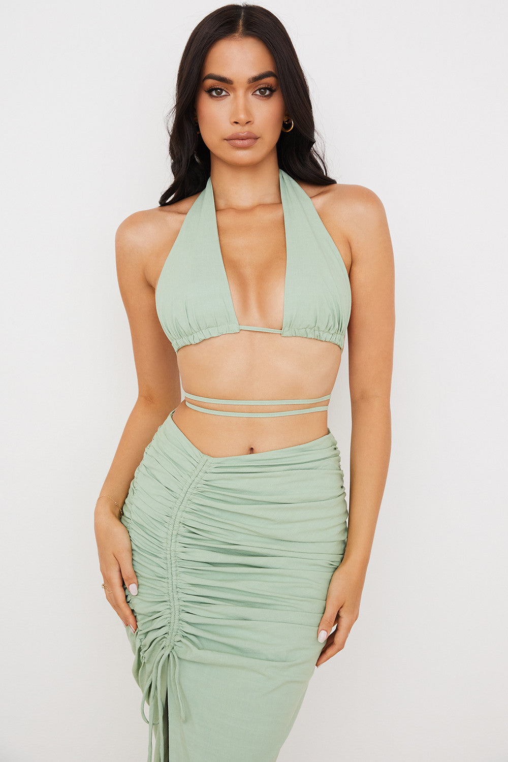 Stilla | Sage Farvet Bustier Top Med Halterneck Og Maxi Nederdel Med Snøre
