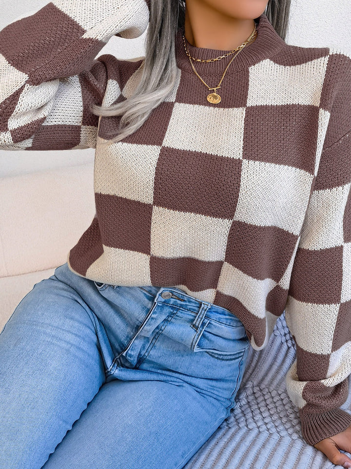 Stilla | Karo Sweater Med Lange Ærmer og Ståkrave