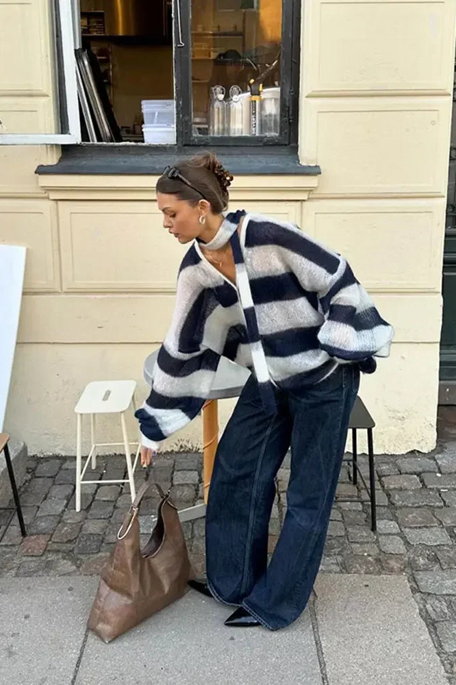 Stilla | Stribet V-Hals Løst Strikket Cardigan Trøje