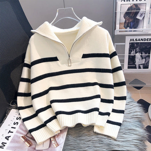 Stilla | Moderne løst siddende stribet cashmere-pullover med lynlås ideel til vinteren