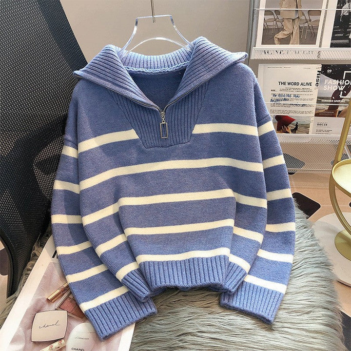 Stilla | Moderne løst siddende stribet cashmere-pullover med lynlås ideel til vinteren