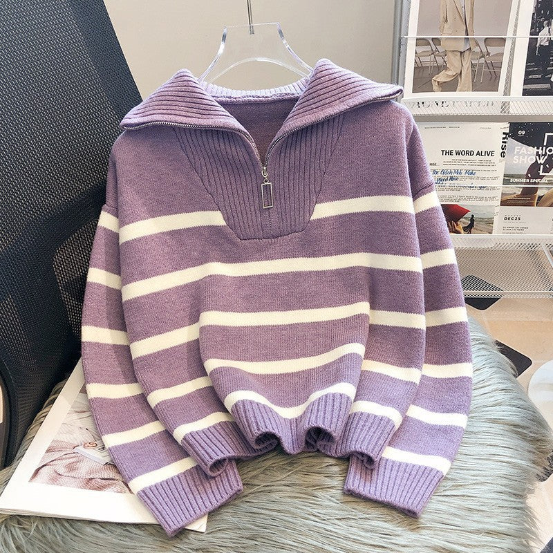 Stilla | Moderne løst siddende stribet cashmere-pullover med lynlås ideel til vinteren
