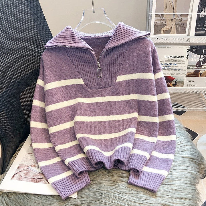 Stilla | Moderne løst siddende stribet cashmere-pullover med lynlås ideel til vinteren