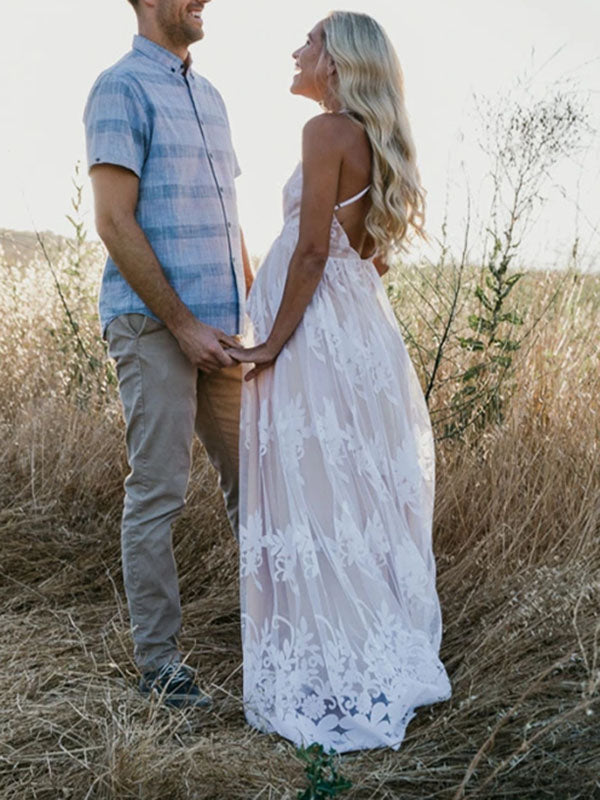 Stilla | Kjole Til Fotoshoot Net Broderi Maxi Maternitet Kjole Elegante Festkjole