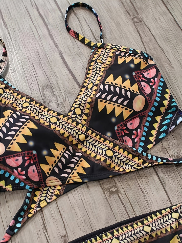 Stilla | Boho Bikini Sæt to Delt Med Høj Talje Og Tribal Mønster, Uden Stropper