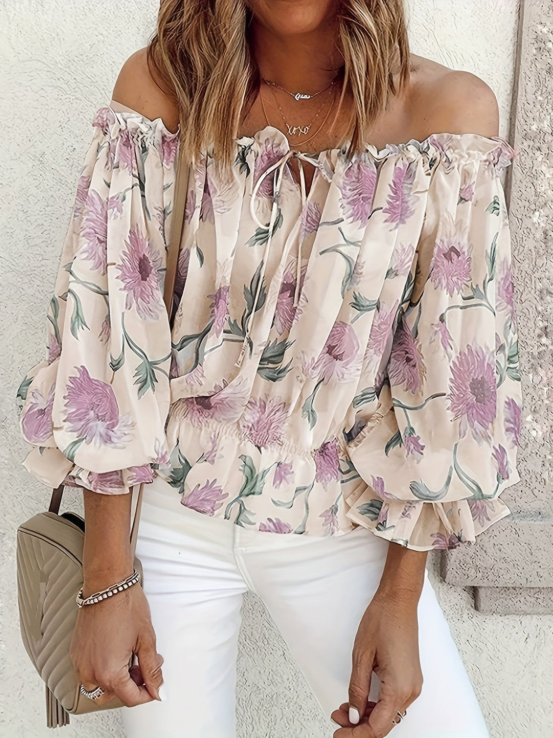 Stilla | Lettet Chiffon Bluse Der Afslører Skuldrene Ballonsleeves Blomstermønster