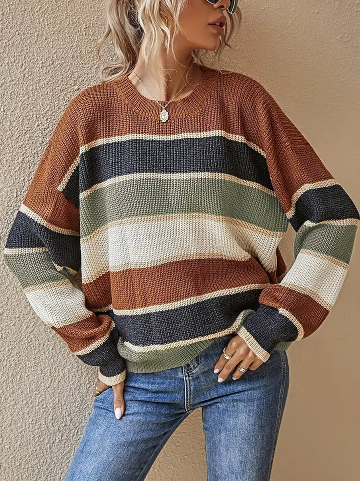 Stilla | Pullover Damer Af Stribet Kaffe Garn