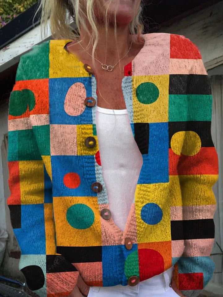 Stilla | Pullover Strikjakke Minimalistisk Med Abstrakt Linjemønster og Bindebånd