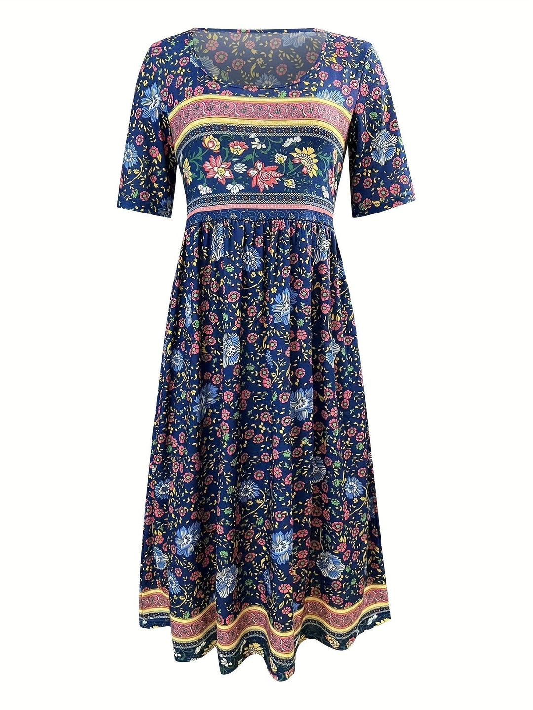 Stilla | Årgang Kjole Med Boho Blomsterprint, Høj Talje Og Korte Ærmer Til Kvinder